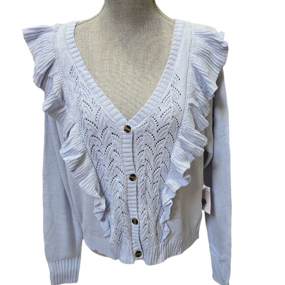Women's LC Lauren Conrad Ruffle Pointelle Cardigan Blue NWT XXL - Picture 3 of 7